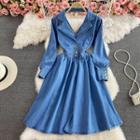 Long-sleeve Cutout-back Denim Midi A-line Dress