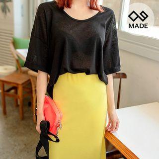 Drop-shoulder Cuff-sleeve Sheer Long T-shirt
