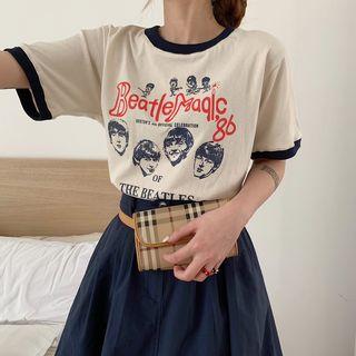 Contrast Trim Short Sleeve Print T-shirt As Shown In Figure - One Size