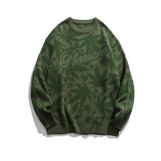 Lettering Leaf Print Sweater
