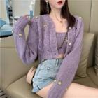 Set: Cropped Cable-knit Cardigan + Knit Tube Top Cardigan & Tube Top - Purple - One Size