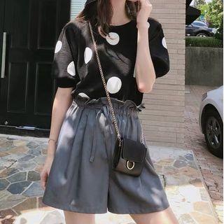 Set: Balloon-sleeve Printed T-shirt + Wide Leg Shorts