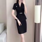 Short-sleeve Blazer / Midi Fitted Skirt / Dress Pants / Set