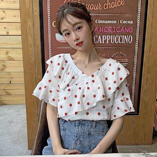 Elbow-sleeve Strawberry Print Ruffled Top