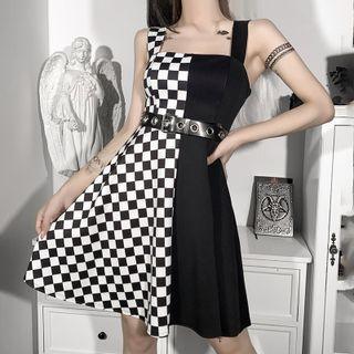 Sleeveless Checkered Panel A-line Dress