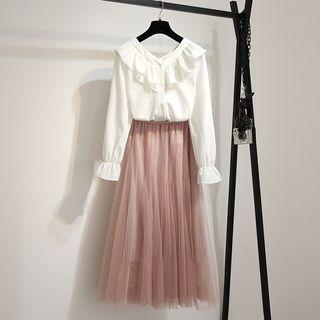 Ruffled Blouse / Sequined Midi A-line Mesh Skirt / Set
