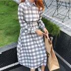 Long-sleeve Plaid A-line Midi Dress As Shown In Figure - One Size