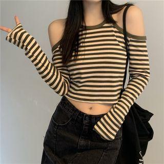 Halter-neck Off-shoulder Striped Long-sleeve T-shirt