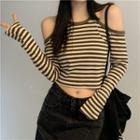 Halter-neck Off-shoulder Striped Long-sleeve T-shirt
