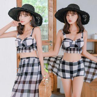 Set: Plaid Tankini Top + Bottom + Cover-up