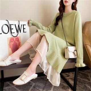 Mesh Panel Midi A-line Sweater Dress