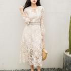 Belted Bell-sleeve Midi A-line Lace Dress