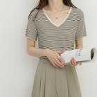 Short-sleeve V-neck Striped Top Stripe - One Size