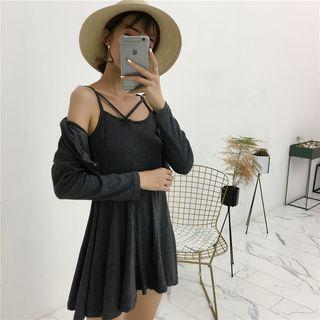 Set: Strappy A-line Dress + Light Jacket Dark Gray - One Size