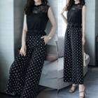 Set: Sleeveless Lace Top + Dotted Wide-leg Pants