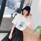 Elbow-sleeve Robot Print T-shirt White - One Size