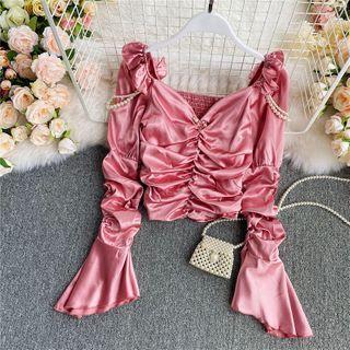 Faux-pearl Detail Ruched Satin Blouse