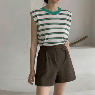 Padded-shoulder Stripe Knit Top Blue Green - One Size