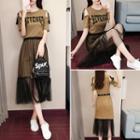 Set: Letter Open Shoulder Short-sleeve T-shirt Dress + Mesh Midi Skirt