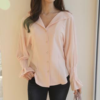 Notched-lapel Pintuck-sleeve Blouse