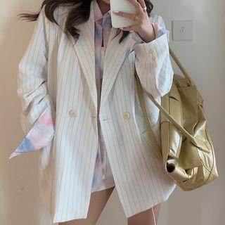 Pinstriped Double-breasted Drawstring Blazer