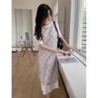 Set: Plain Midi T-shirt Dress + Spaghetti Strap Plaid Mesh Midi Dress