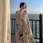 Long-sleeve V-neck Cartoon Print Maxi A-line Dress