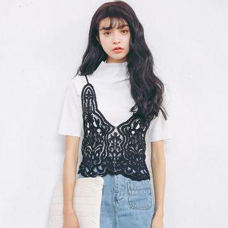 Set : Lace Knit Camisole Top + Ribbed Short-sleeve Top