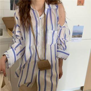 Long-sleeve Striped Cutout Off-shoulder Shirt As Shown In Figure - One Size
