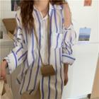 Long-sleeve Striped Cutout Off-shoulder Shirt As Shown In Figure - One Size