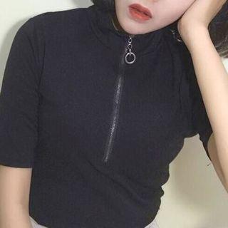 Plain Short Sleeve Half Zip T-shirt