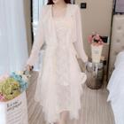 Long-sleeve Ruffle Trim Chiffon Jacket / Floral Printed Asymmetrical Hem Spaghetti-strap Dress