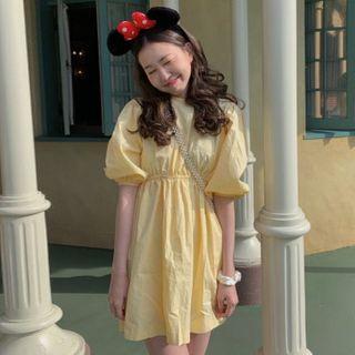 Plain Elbow-sleeve A-line Dress Yellow - One Size