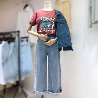 Short-sleeve Print T-shirt / Denim Jacket / Wide-leg Jeans