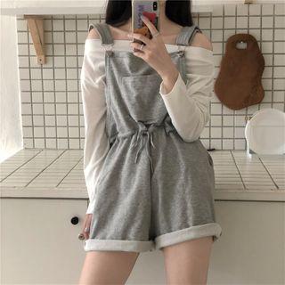 Off-shoulder Long-sleeve Plain T-shirt / Tie-waist Plain Playsuit