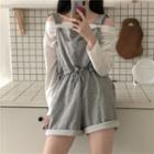 Off-shoulder Long-sleeve Plain T-shirt / Tie-waist Plain Playsuit