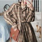 Single-breasted Plaid Long Coat Plaid - Brown - One Size