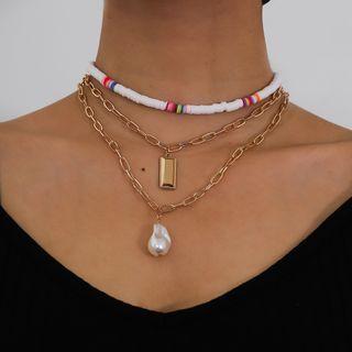 Set: Faux Pearl Pendant / Alloy Necklace / Soft Clay Choker 0920 - Gold - One Size