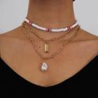 Set: Faux Pearl Pendant / Alloy Necklace / Soft Clay Choker 0920 - Gold - One Size