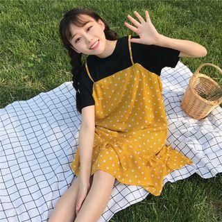 Mock Two Piece Dotted Panel Short Sleeve Dress