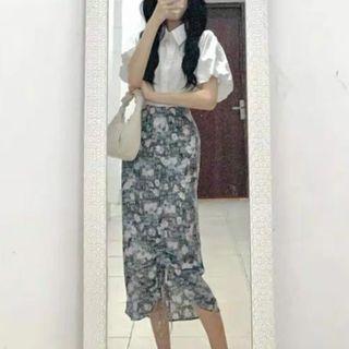 Puff-sleeve Shirt / Floral Print Midi Pencil Skirt / Set