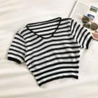 Color-block Striped V-neck Short-sleeve Knit Top Black - One Size