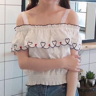 Heart Embroidered Off Shoulder Short Sleeve Top