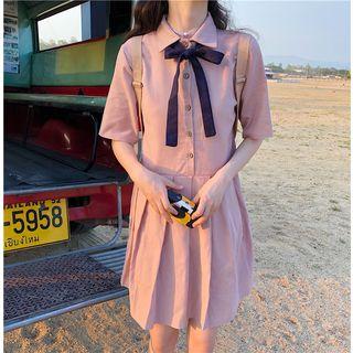 Short-sleeve Tie-neck Pleated Dress