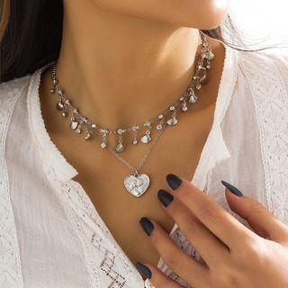 Set: Heart Pendant Alloy Necklace + Fringed Alloy Choker