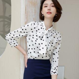 Long-sleeve Polka Dot Chiffon Top / Mini Fitted Skirt / Set
