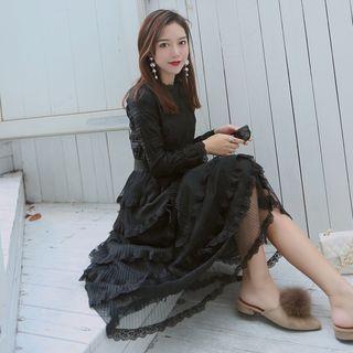 Long-sleeve Tiered Lace Midi Cocktail Dress