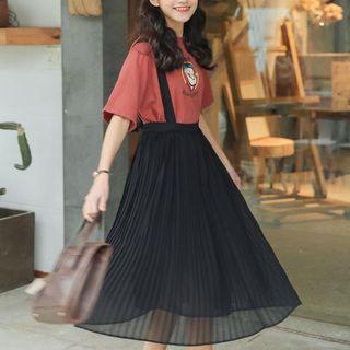 Sheer Overlay Pleated Midi Jumper Dress