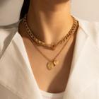 Heart & Disc Pendant Layered Alloy Choker Necklace 16333 - Gold - One Size