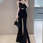 Bow Crop Camisole Top / High Waist Slit Flared Pants
